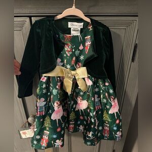 Bonnie Jean Green Dress with Gold Bow and Festive Print